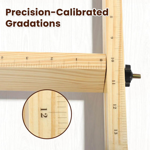 Close-up of Pro Grade Adjustable Juice Groove Router Jig With Precision Scale And Solid Wood Template Frame For Cutting Boards And Woodworking Creating Perfect Square Grooves Every Time, showing precision-calibrated gradations on the scale.