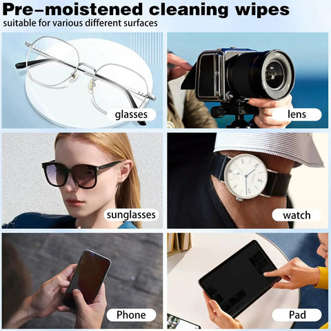 Pre-moistened cleaning wipes for glasses, camera lens, sunglasses, watch, phone, and pad. Streak Free Eyeglass Lens Wipes With 6 Microfiber Cloths, Individually Wrapped.