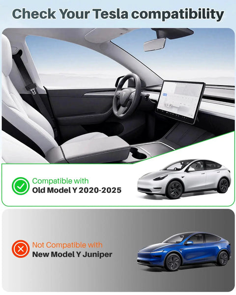 Interior view of Tesla Model Y, dashboard and steering, with compatibility notice for models 2020-2025, excluding New Model Y Juniper.
