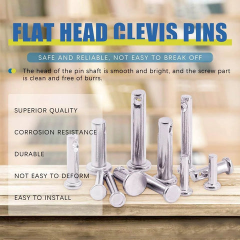 304 Stainless Steel Clevis Pins Set displayed on wooden surface, showing flat head single hole assortment kit, 12 sizes, 44 pieces.