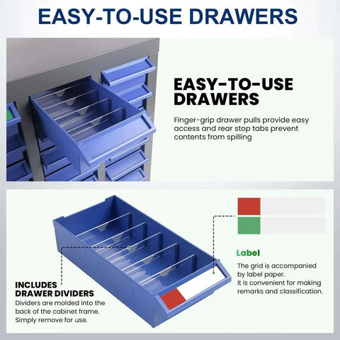 Close-up of the 40 Drawers Parts Cabinet With Label Stickers And Bolt Nut Tool Storage showing blue ABS drawers and dividers.
