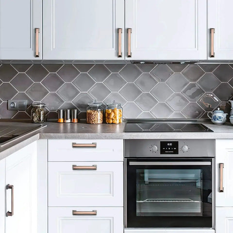 Modern kitchen with 5 Inch Brushed Antique Copper Cabinet Hardware Pulls And Knobs Set For Kitchen And Furniture on white cabinets.