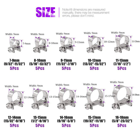 Swpeet 304 stainless steel mini fuel line hose clamps set, 50Pcs in 10 sizes (7–9mm to 16–18mm), 5Pcs each, for automotive and industrial use