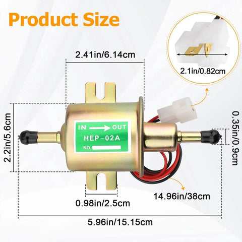 Diagram of dimensions for 12V Inline Fuel Pump Low Pressure Transfer for Motorcycle Carburetor Lawn Mower Gas or Diesel Engine, Universal 2.5-4 Psi.