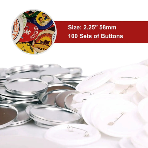 Blank 2.25-inch button badge components: metal shells, clear Mylar, and plastic backs, 100 sets (front view)