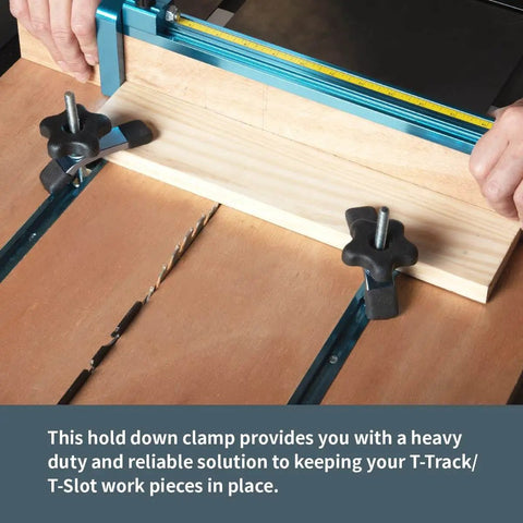 Mini T Track Hold Down Clamps Set Of 4 For Universal T-Track Systems, 3-5/8 Inch Long, 3/4 Inch Wide, installed on workbench
