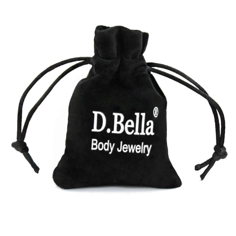 Black velvet pouch with 'D.Bella Body Jewelry' text, part of Rook Piercing Jewelry Kit 16G Taper Insertion Tool With Hypoallergenic Stainless Steel CZ Septum Rings Eyebrow Jewelry Vertical Labret Lip Rings Tragus Daith Helix Earrings For Women Men 8mm 10mm 12mm Gold Bar.