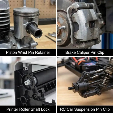 Collage showing uses for E-Clip Retaining Rings in machinery and automotive applications, including piston wrist pin retainer, brake caliper pin clip, printer roller shaft lock, and RC car suspension pin clip.