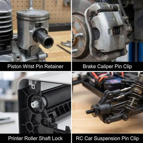 Collage of piston wrist pin retainer, brake caliper pin clip, printer roller shaft lock, and RC car suspension pin clip.