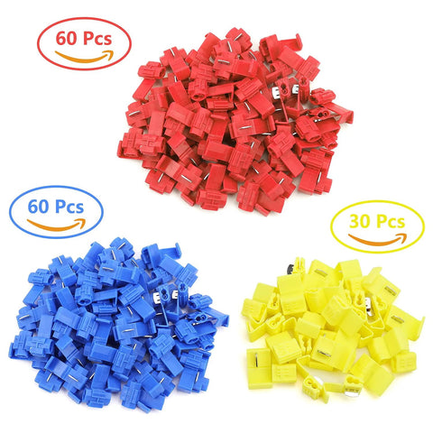 Red, blue, and yellow quick splice wire connectors; 60 red, 60 blue, 30 yellow, 22-10 AWG solderless crimp connectors