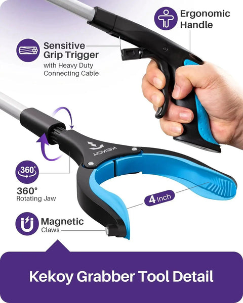 Close-up of 36 Inch Foldable Reacher Tool For Seniors With Anti Slip 360 Degree Rotating Jaw And Magnet, showing ergonomic handle and claw.