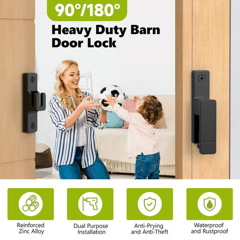 Built Tough Heavy Duty Zinc Barn Door Lock With 90 And 180 Degree Flip Safety Latch For Sliding Doors, Black 2 Pack