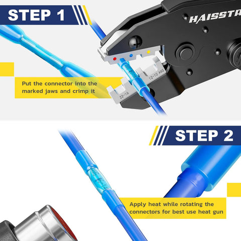 Haisstronica crimping tool with blue heat-shrink butt connectors on a blue wire; Step 1 and Step 2 instructional banners.