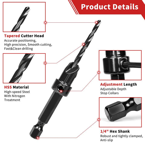 Pro Grade 15 Piece Countersink Drill Bit Set For Woodworking With Nitrided HSS Bits And One Quarter Inch Hex Shank Quick Change Wood Plug Cutters Depth Stop Rings For Woodworking Pros And DIYers Storage Box close-up with tapered cutter head, HSS material, adjustable depth, and hex shank.