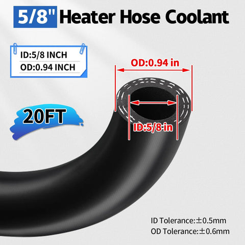 Black automotive heater hose, 20 ft length, ID 5/8 in, OD 0.94 in