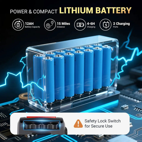 Lithium battery pack: blue cylindrical cells in a clear casing with safety lock switch.
