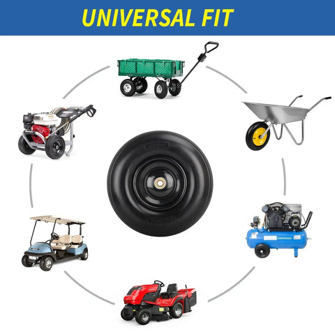 13.5 Inch Solid Flat Free Wheelbarrow Tire 4.00-6 with universal fit for garden carts, wheelbarrows, wagons, and trolleys.