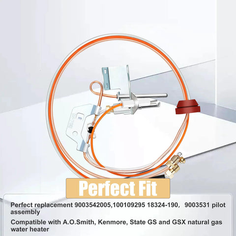 Natural gas pilot assembly with orange tubing and metal bracket for Reliance, A.O.Smith, Kenmore, GS/GSX water heaters