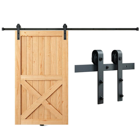Eight Foot Sliding Barn Door Hardware Kit With 330 Lbs Capacity For A Single Door Fits 3.7 To 4.3 Feet Wide And 1.3 To 1.8 Inches Thick Panels Smooth Silent J Shape Pulley Two Section Tracks Heavy Duty Track System displayed with wooden door and metal hardware pieces
