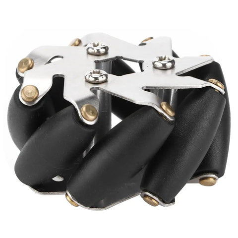 Close-up of 48mm mecanum wheel from 4 Pack 48mm Beefy Steel Mecanum Wheel Set For Robot Car With 360 Degree Omnidirectional Movement Load Up To 3kg Durable Stable Rollers Ideal For RC Mecanum Robots And Custom Robot Cars.