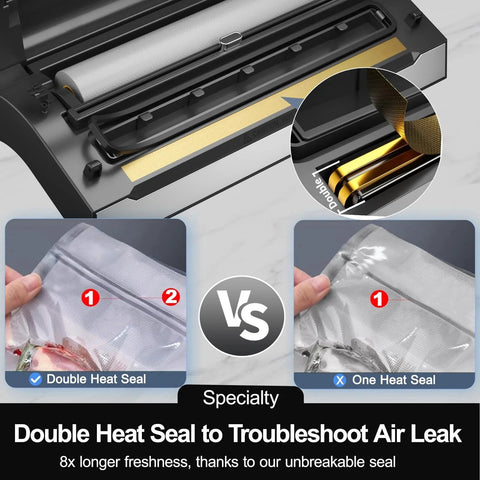 Upgraded Precision Fast Vacuum Sealer For Fresh Food Storage And Meal Prep Liwunon Stainless Steel Commercial Full Automatic Food Vacuum Sealer Machine with open view showing double heat seal feature and comparison of bag seals.