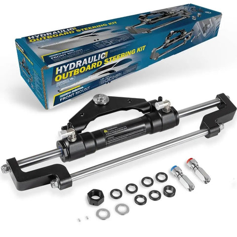 Beefy Hydraulic Steering Cylinder For Outboard Boats Up To 300HP, 10.3MPa/1500 PSI, Front Mount Aluminum Alloy Body With Two-Way Lock Valve And ORB Fittings displayed with packaging