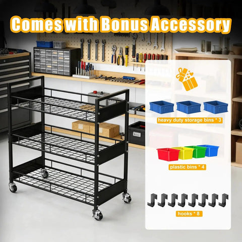 Heavy Duty 3 Tier Metal Utility Cart With Locking Casters And 330 Lbs Load Capacity Rolling Storage Organizer in garage