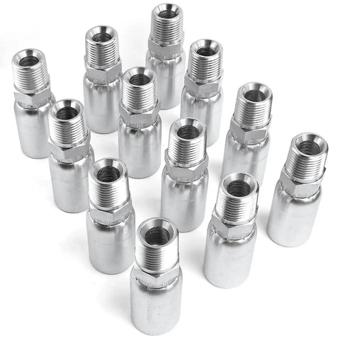 12 Pack 1/2 Inch Hose To 1/2 Inch NPTF Male Hydraulic Crimp Fittings In Heavy Duty Carbon Steel arranged on display