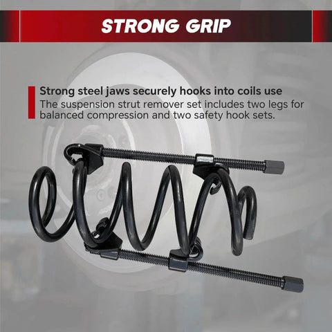Angled view of a Weyleity 14-inch coil spring compressor tool with two steel jaws for MacPherson suspension