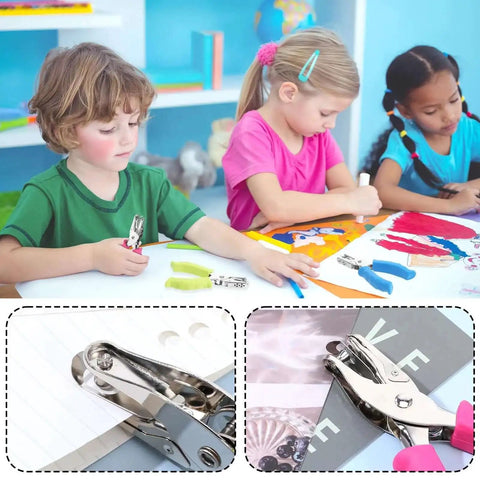 Children using 12 Piece Handheld One Quarter Inch Hole Punch Set With Grip Handles For Do It Yourself Crafters Scrapbookers Card Makers And Notebook Projects Multicolor Circle Paper Punches.