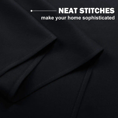 Close-up of RV Blackout Window Curtains Set Two Panels 29 Inch Wide Cafe Short Kitchen Drapes with neat stitches and black fabric.