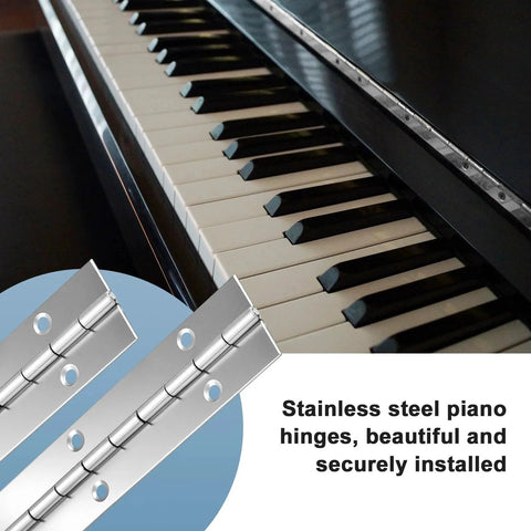 12 Inch Stainless Steel Piano Hinges 2 Pack With Countersunk Holes And 24 Stainless Steel Screws installed on piano