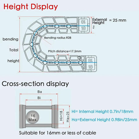 Diagram showing the dimensions of One Meter Openable 18x25mm Low Noise Drag Chain Cable Carrier for 3D Printers and CNC Machines.