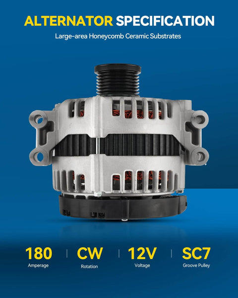 Front view of Plug And Play Direct Fit Alternator For BMW 335i 2007 2010 535i 2008 2010 535xi 2008 135i 2008 2010 335xi 2007 2008 1 Series M 2011 Replacement 11302N 12V 180Amp CW SC7 7 Groove Pulley