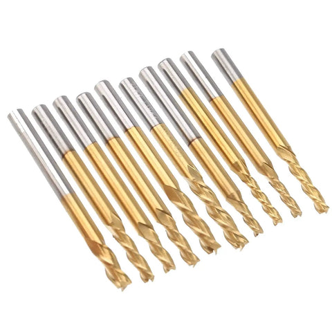 10 Piece 3 Flute Ti Plated End Mills Set for CNC Machining, Tungsten Steel Round Shank Milling Cutters for Hardwood, Plywood and Acrylic Cutting