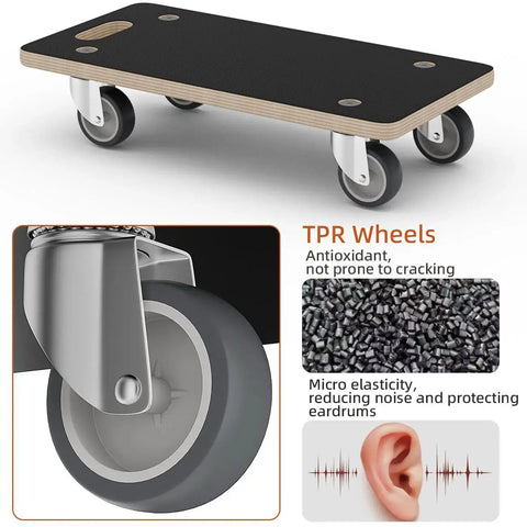 Wood Platform Dolly With Four Wheels Heavy Duty Furniture Mover 550 Lbs Capacity Pack Of 2, showing black platform and TPR wheels with features