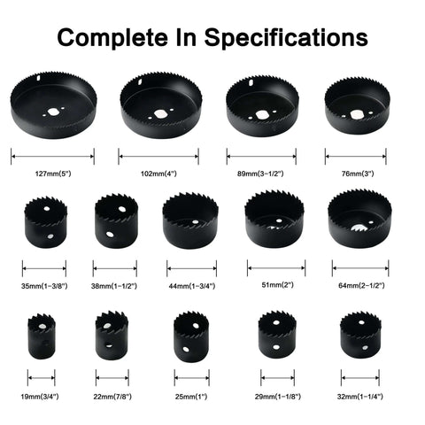 Complete specifications of All In One Hole Saw Set 19 Piece Kit For Pros And DIYers with various blade sizes visible.