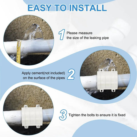 Installation steps for 2 Inch Water Pipe Repair Clamp PVC Leak Sealer For 50 Millimeter Outer Diameter Pipes fixing leaks.