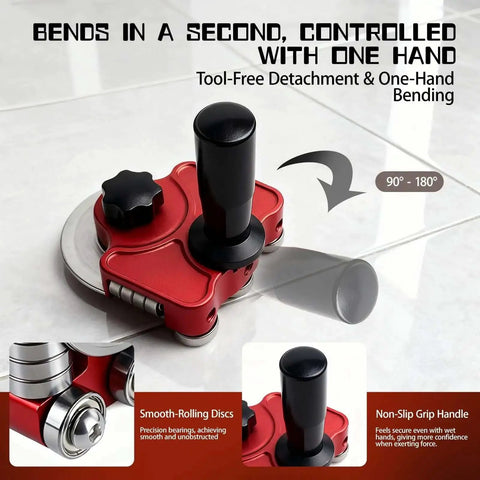 Sheet Metal Bender Hand Held Bending Tool with removable center disc, showing close-up of handle and smooth-rolling discs.