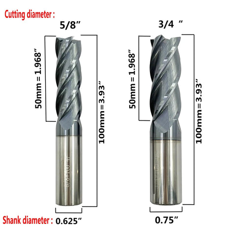 Two milling bits from the Five Piece Carbide Square End Mill Set In 1/4, 3/8, 1/2, 5/8, And 3/4 Inch Sizes, AlTiN Coated