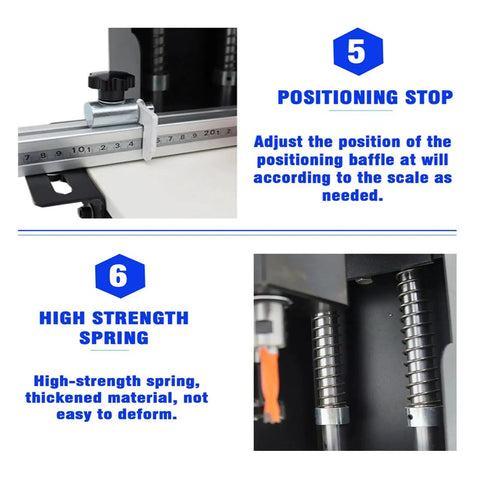 Close-up of positioning stop and high strength spring on Portable 110V 1100W Hinge Drilling And Boring Machine for cabinets.