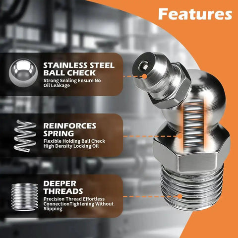 Grease Fittings Assortment Set With SAE And Metric Zerk Fittings 150 Pieces Straight 45 Degree And 90 Degree Fittings Quarter Inch And Eighth Inch M6 M8 M10 Sizes With Fitting Caps For Grease Gun Built For Heavy Duty Equipment in stainless steel with features showing ball check, spring, and threads.