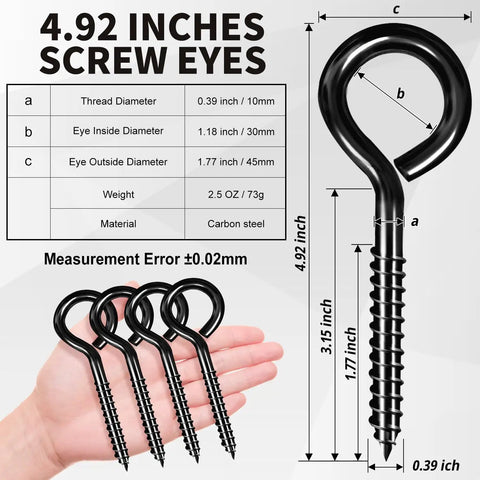 Built Tough 5 Inch Eye Hooks Set Of 4 Screws In Carbon Steel Black Large Screw Eye Hooks For Wood And Cables Heavy Duty Gear