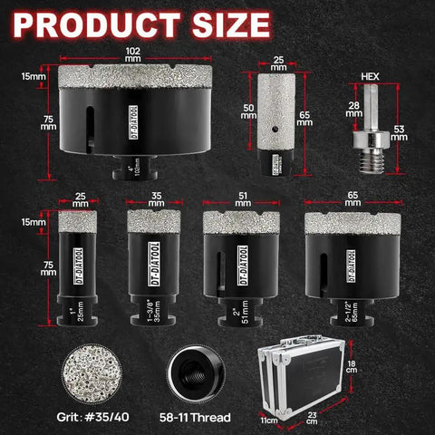 Six Piece Diamond Core Drill Bits Kit With 25mm Diamond Finger Bit for tile, marble, granite, and stone, various sizes shown