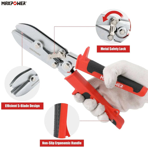 Two Piece Sheet Metal Hand Seamers With Five Blade Pipe Crimper And Six Inch Straight Jaw Bender Built To Last With Tough As Nails Ergonomic Handle for tight spaces, shown with metal safety lock and ergonomic handle.