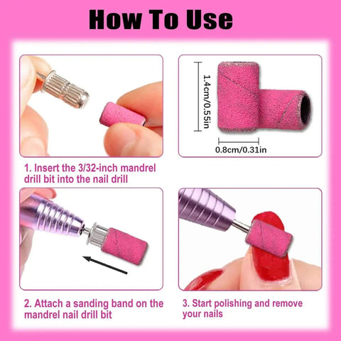 Instructions for using Pro Nail Drill Sanding Bands Set 135 Pcs For Nail Techs Mixed Grit 80 120 180 240 for manicures.