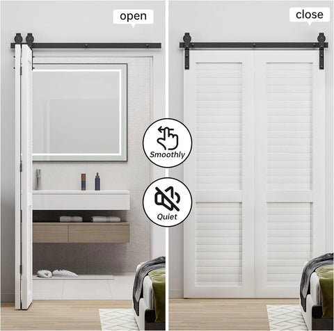 52 Inch Bi Folding Sliding Barn Door Hardware Track Kit For Small Spaces With Smooth And Quiet Operation Side Mounted Black Rollers Easy Install Door Not Included Fits Four 12 Inch Bifold Doors installed in bathroom