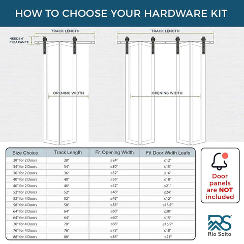 Diagram showing track length and guide for Gold Bi Fold Barn Door Hardware Kit With Heavy Duty Metal Track System And Matching Knobs.