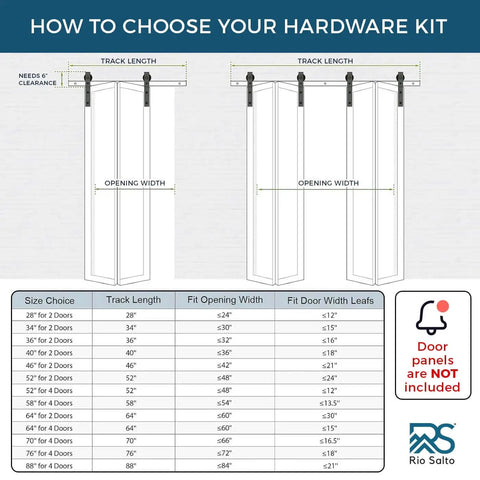 Gold Bi-Fold Barn Door Hardware Kit With Heavy Duty Metal Track System For Four Doors Includes Matching Knobs Four Rollers No Doors Included. Size chart for hardware kit.
