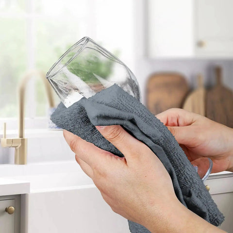 Hands cleaning a glass with gray towel, Pack Of 60 14 By 17 Inch Bar Towels For Cleaning 100 Percent Cotton Absorbent And Reusable Multipurpose Terry Cloth Shop Rags Gray Great For Heavy Duty Cleaning Spills And Damp Surfaces In Home Garage And Workshop
